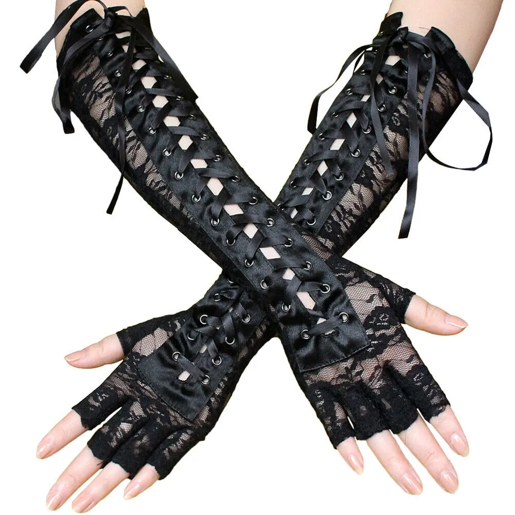 US 15.3‘’ Women's Sexy Elbow Length Fingerless Lace Up Arm Tie Long Lace Gloves