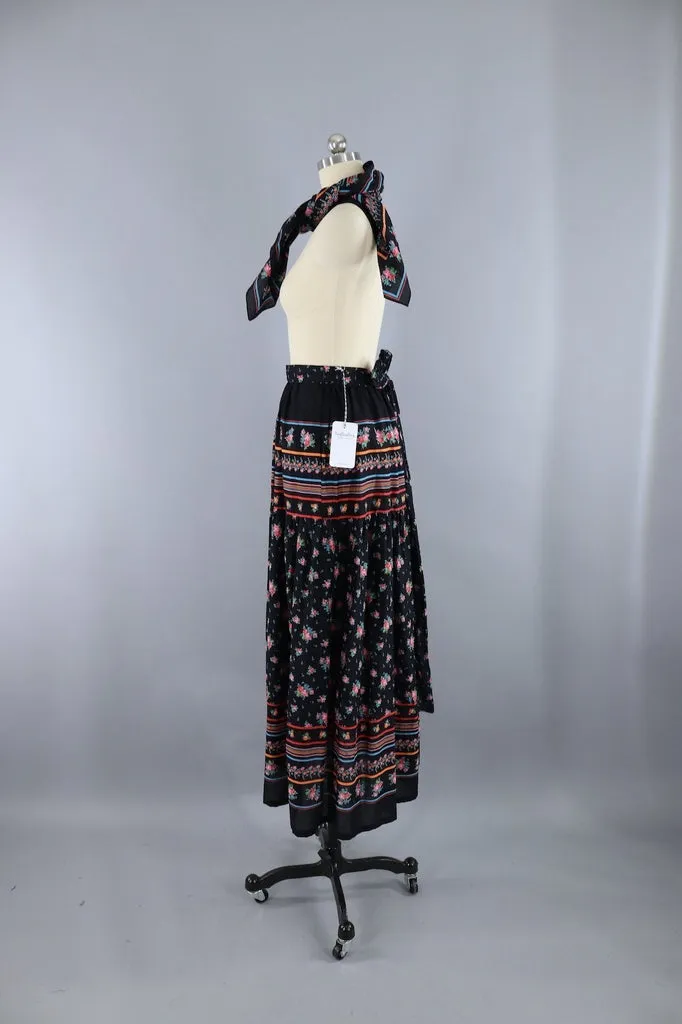 Vintage Hippie Black Floral Print Maxi Skirt Scarf Set