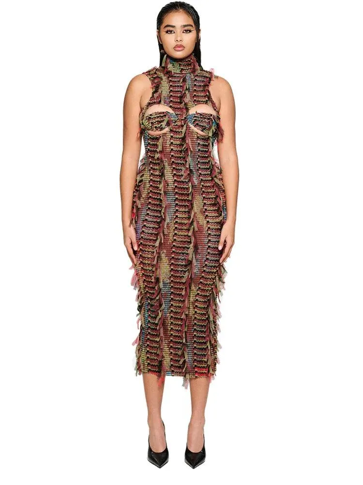 Weird Puss Patchwork Clubwear Dress: Colorful Bodycon Statement