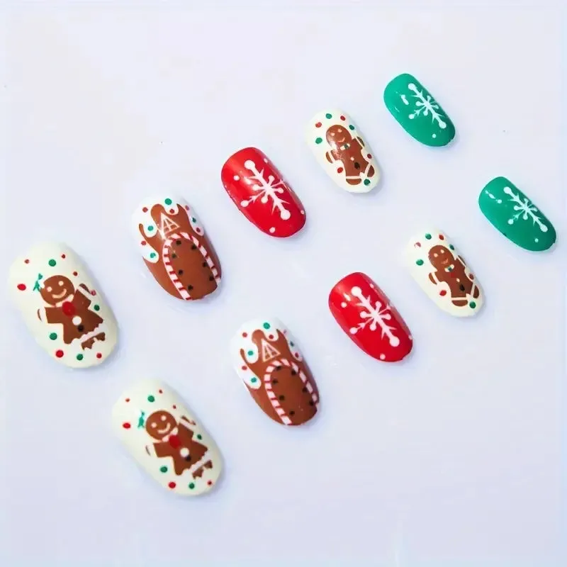 Wenkouban-24pcs Christmas False Nail Long Ballet Nail Extension Full Cover Manicure Gingerbread Man Wearable Press On Fake Nail Nail Decor