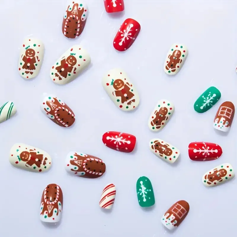 Wenkouban-24pcs Christmas False Nail Long Ballet Nail Extension Full Cover Manicure Gingerbread Man Wearable Press On Fake Nail Nail Decor