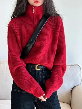 Wenkouban-Christmas Thanksgiving outfits_100% Cashmere Semi-TurtleNeck Loose Thick Red Knit Christmas Sweater