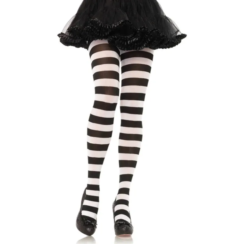 Wide Stripe Opaque Tights - Black & White