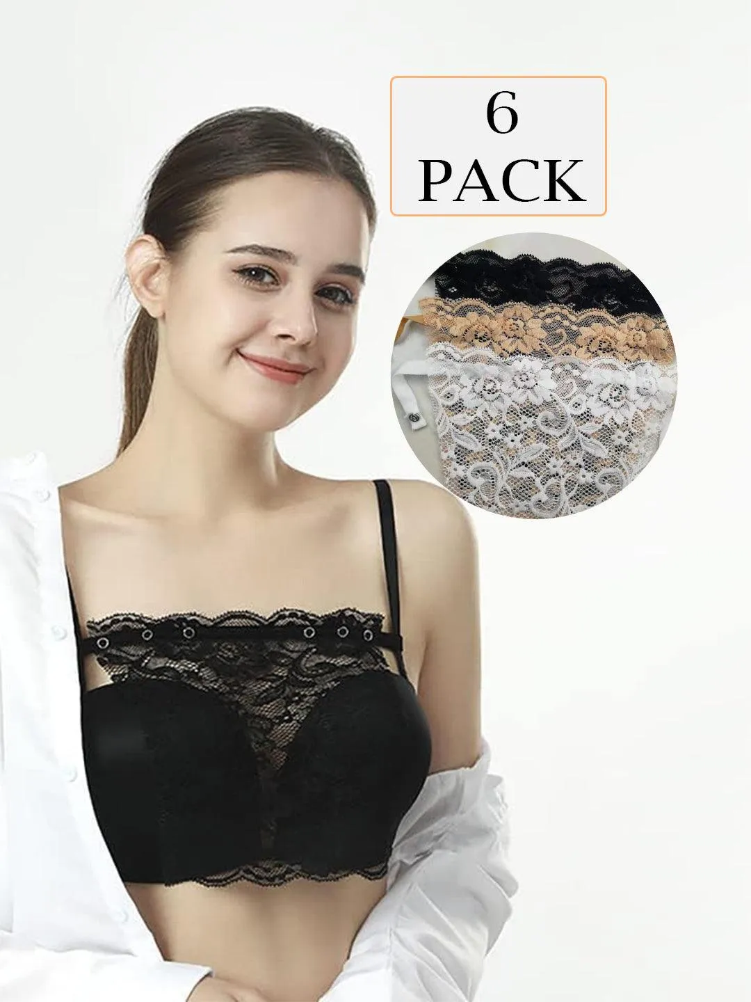 Women Pack of 6 Cotton Floral Lace Bra Cleavage Cover Camisole Clip-on Free-Size