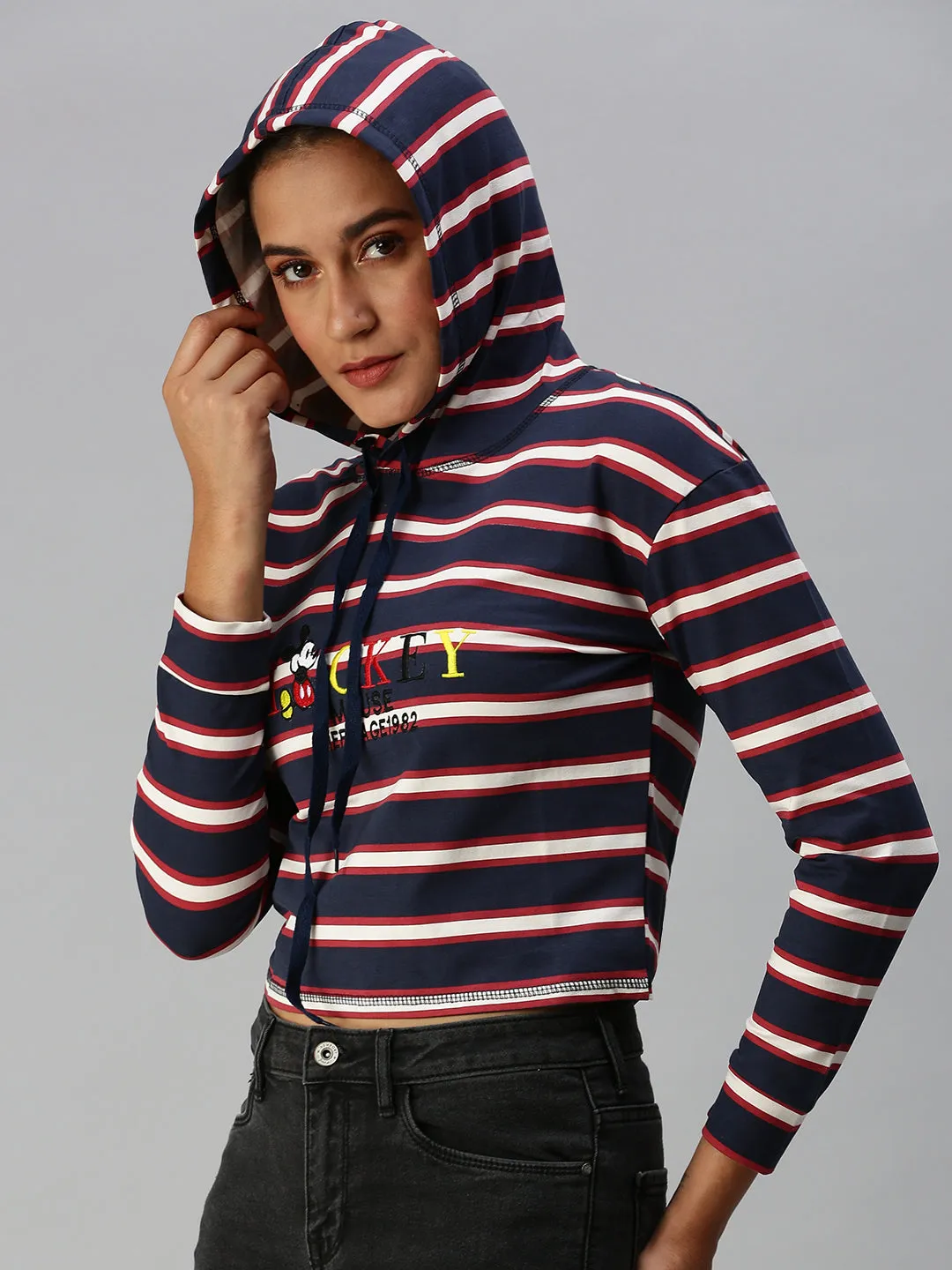 Women's Blue Striped Crop Pullover Sweatshirt