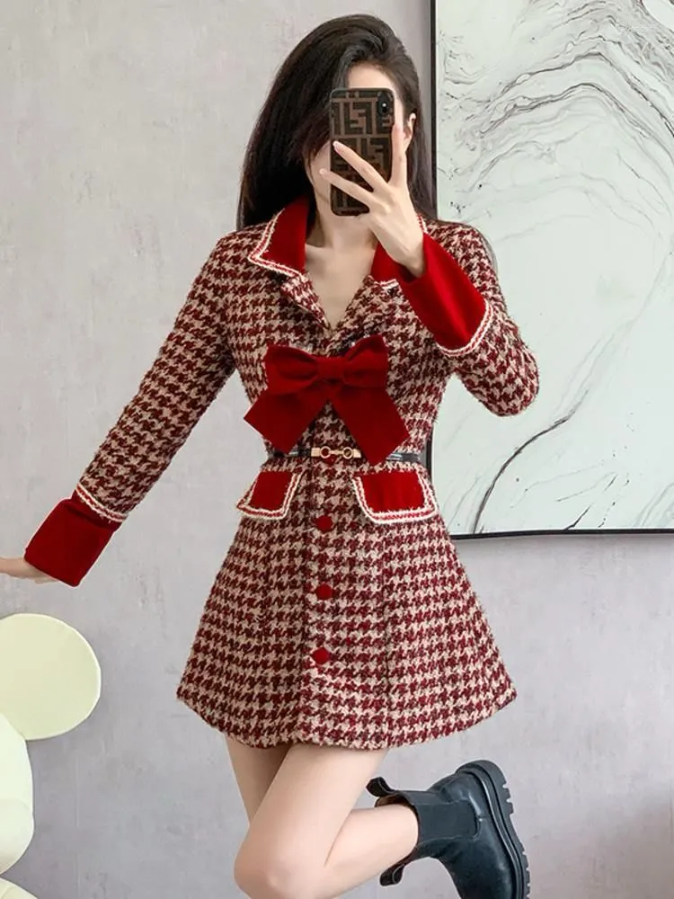 Women's Jackets High-Quality Red Houndstooth Bow Woolen Coat Dress S4787984