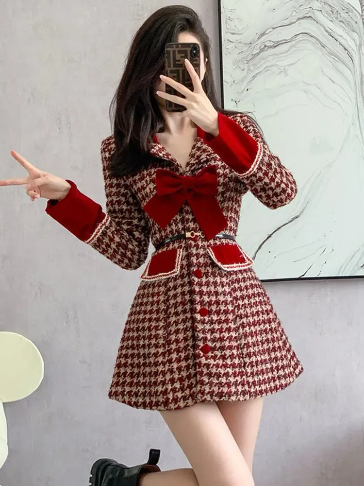 Women's Jackets High-Quality Red Houndstooth Bow Woolen Coat Dress S4787984