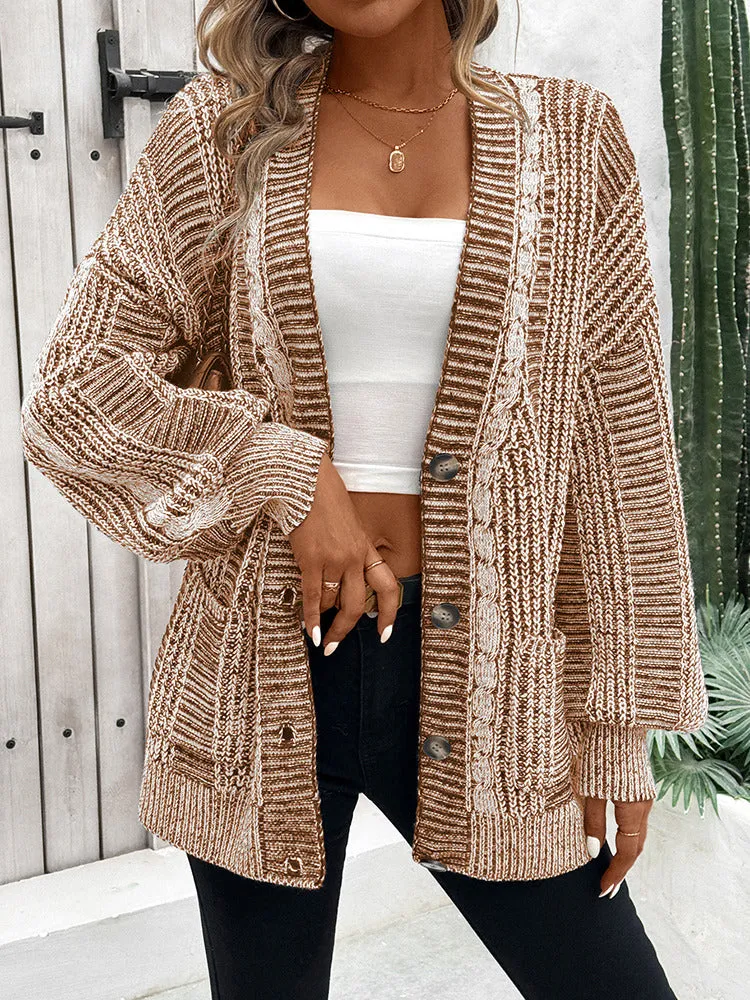 Women's Long Sleeve Cable Knit Sweater Open Front Cardigans Button Loose Outerwear