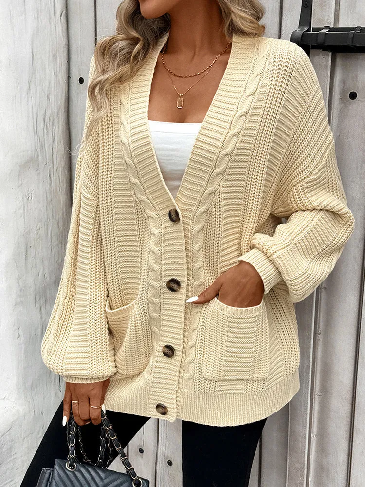 Women's Long Sleeve Cable Knit Sweater Open Front Cardigans Button Loose Outerwear