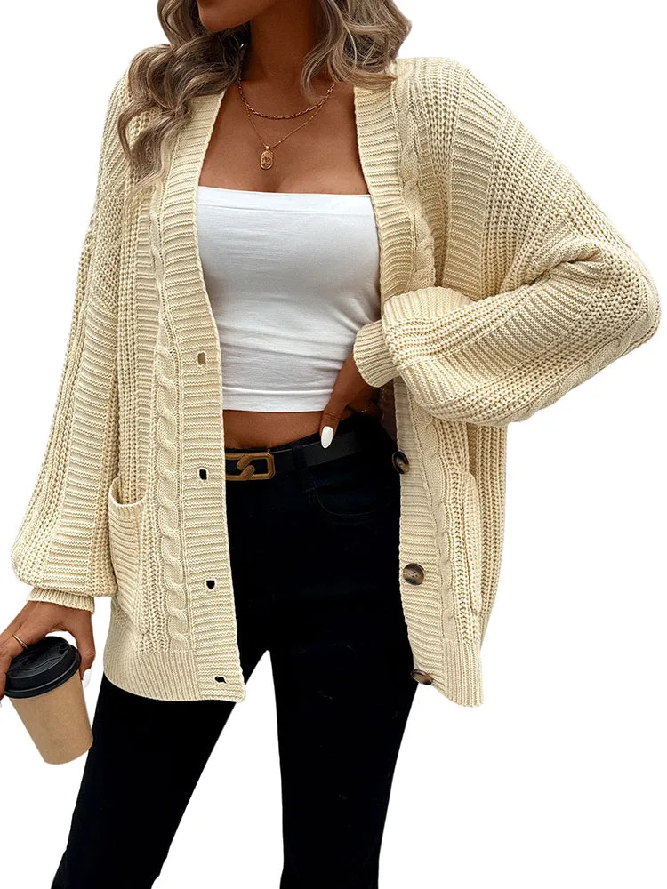 Women's Long Sleeve Cable Knit Sweater Open Front Cardigans Button Loose Outerwear