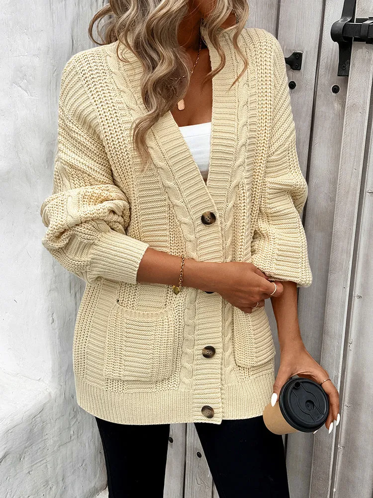 Women's Long Sleeve Cable Knit Sweater Open Front Cardigans Button Loose Outerwear