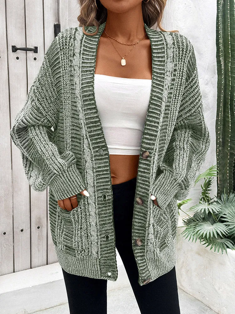 Women's Long Sleeve Cable Knit Sweater Open Front Cardigans Button Loose Outerwear