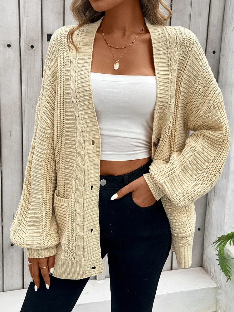 Women's Long Sleeve Cable Knit Sweater Open Front Cardigans Button Loose Outerwear