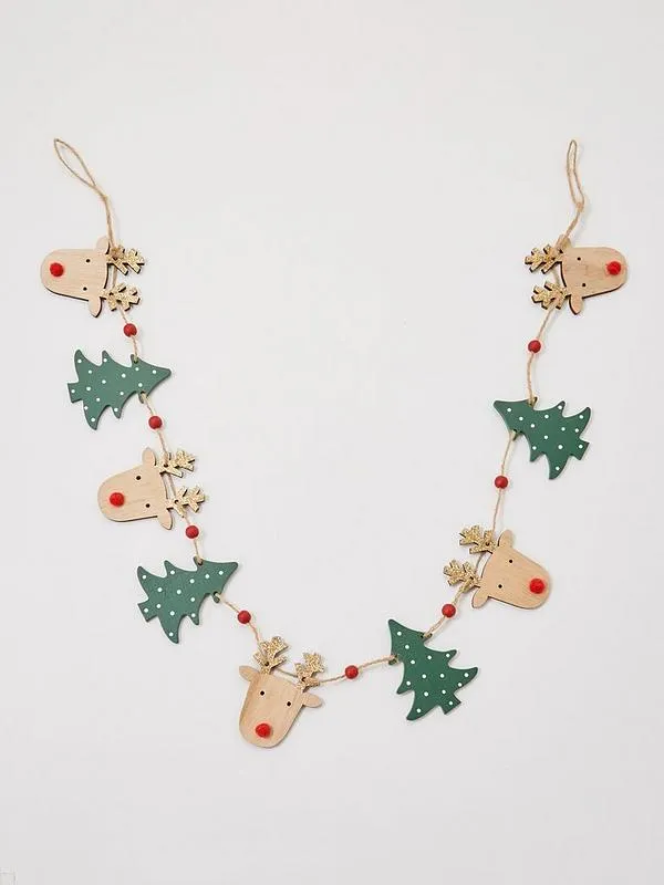 Wooden Reindeer & Christmas Tree Garland