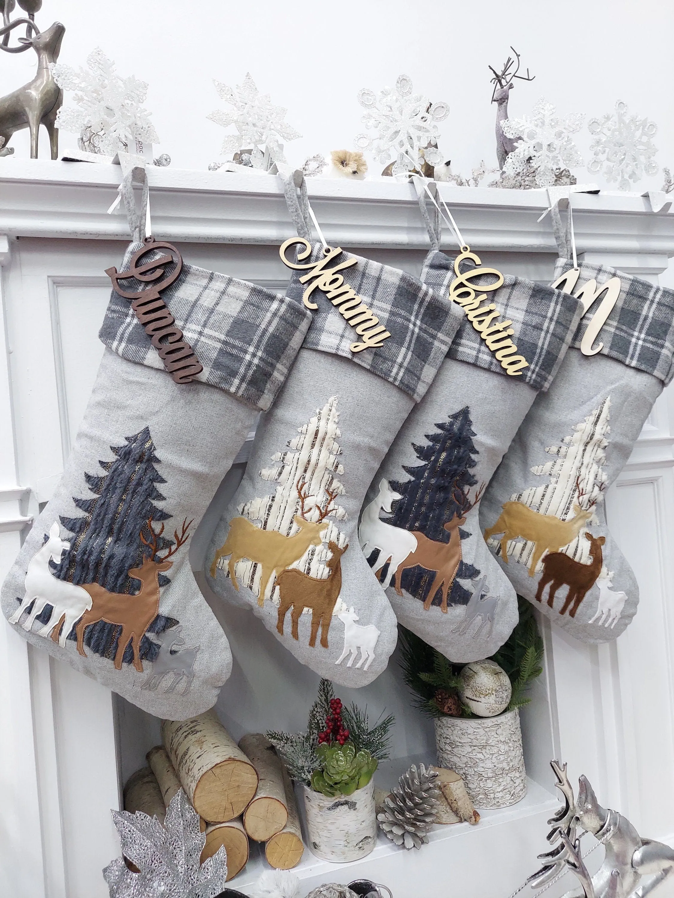 Woodland Deer Christmas Stocking | Grey Plaid Faux Fur Tree Modern Gold Farmhouse Fawn Rustic Style Personalized Embroidered Name Tag