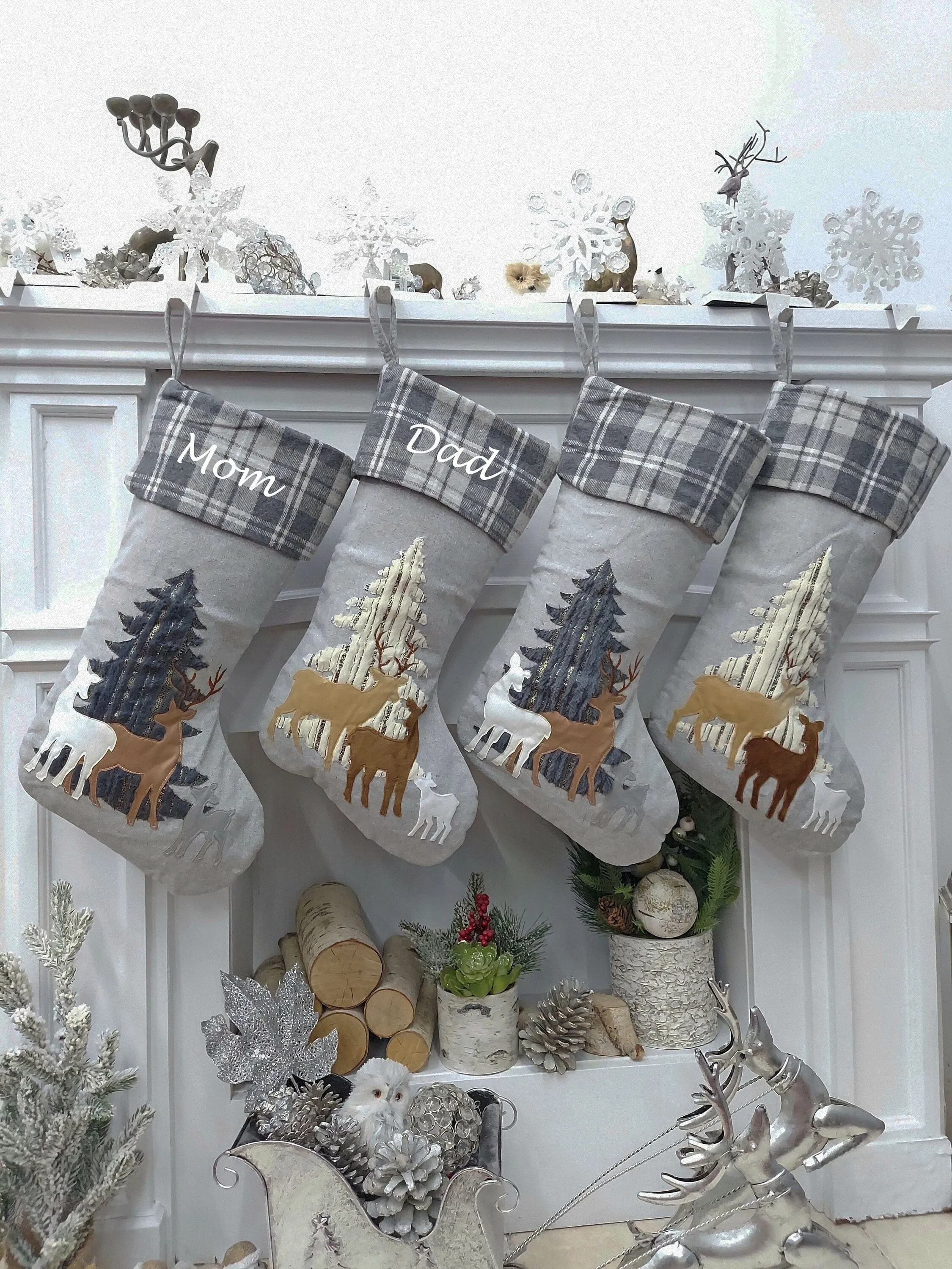 Woodland Deer Christmas Stocking | Grey Plaid Faux Fur Tree Modern Gold Farmhouse Fawn Rustic Style Personalized Embroidered Name Tag