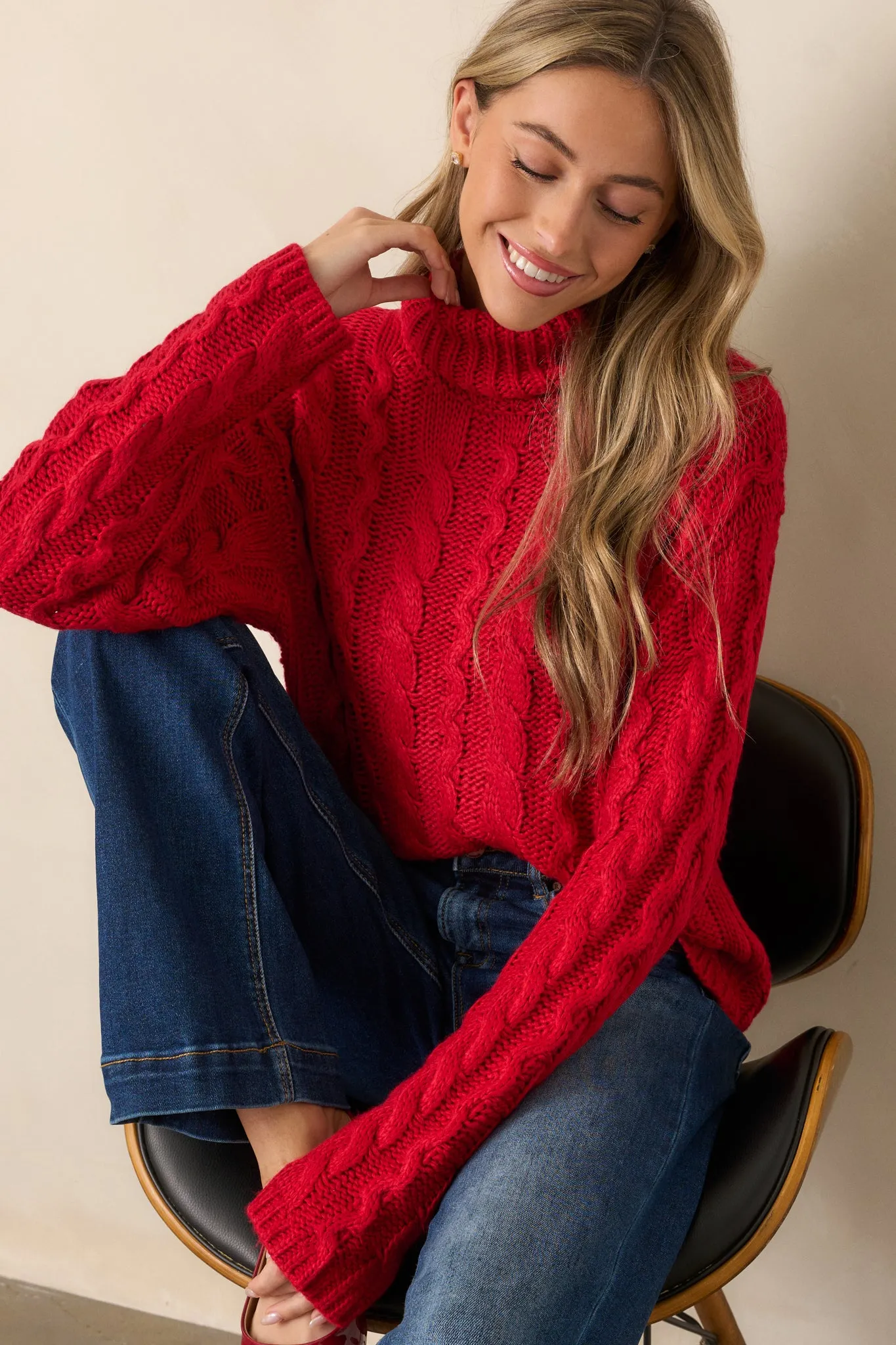 Z Supply Tied To You Red Cable Knit Turtleneck Sweater